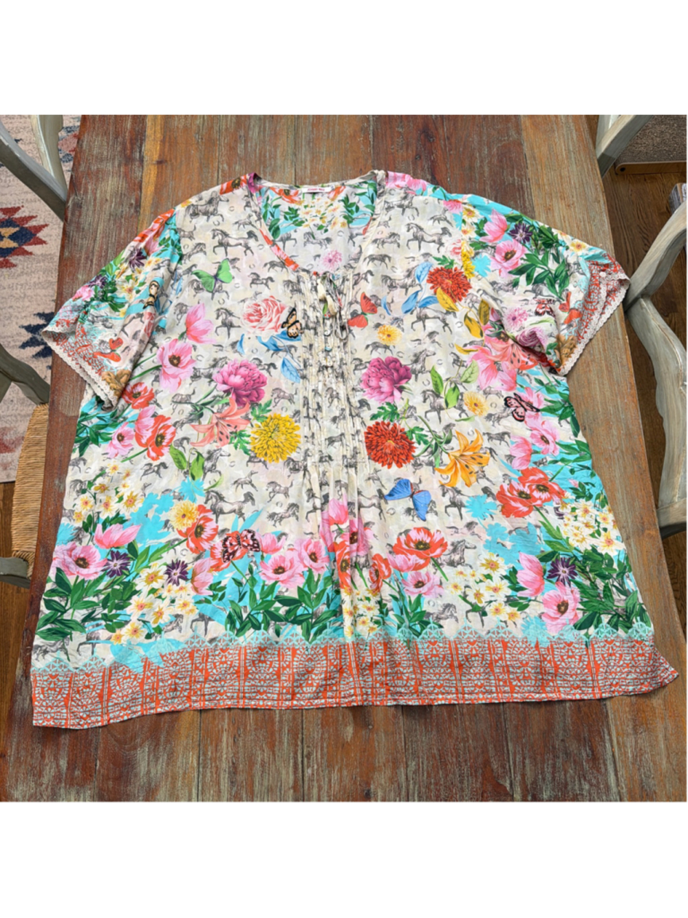 Johnny Was 3X 100% Silk Pintuck Tunic Top Floral Horse Butterfly Lace Trim Boho